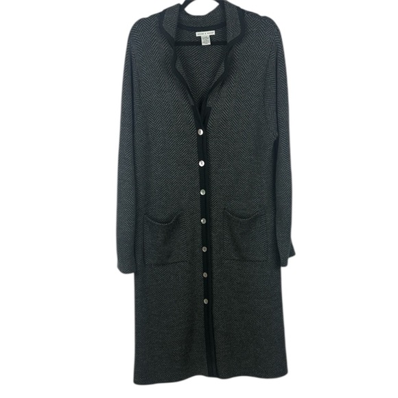 Deane & White Merino Wool Blend Gray Herringbone Long Cardigan Size Large - Picture 1 of 12